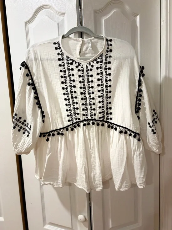 Zara Trafaluc Boho Embroidered Blouse | Pom Trim Peplum Top | Size L - Picture 2 of 6